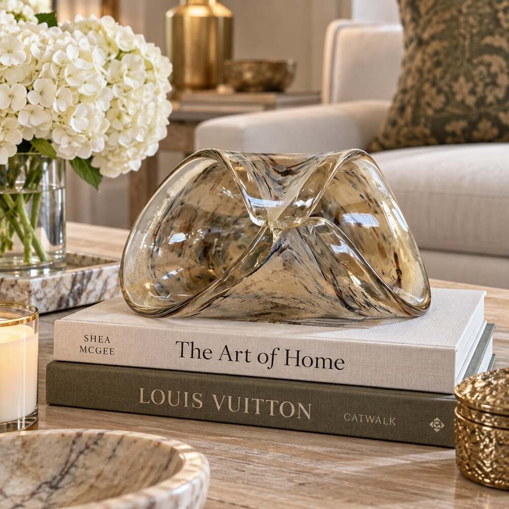 Murano Italian Mouth Blown Art Glass Sculptural Bowl in Brown and Gold
